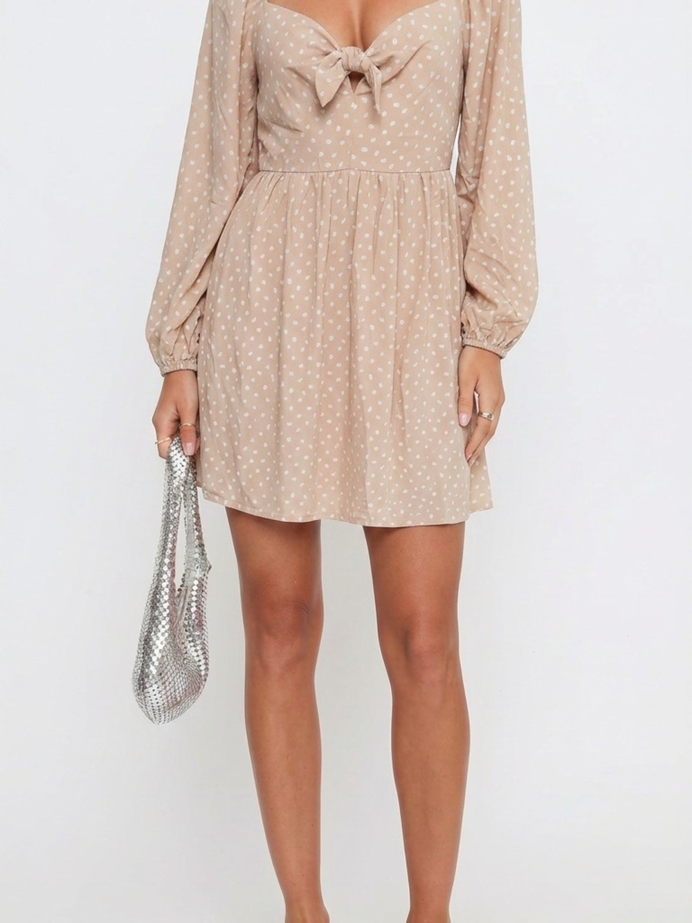 NWOT Polka Dot Tie-Front Long Sleeve Mini Dress — Pinkish Beige